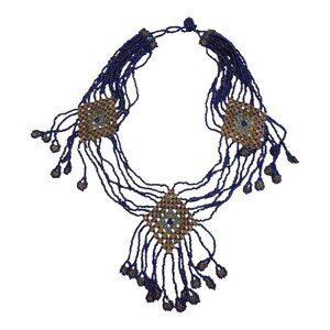 Handcrafted Beaded Statement Necklace With Blue & Gold Diamond Dangling Tassels